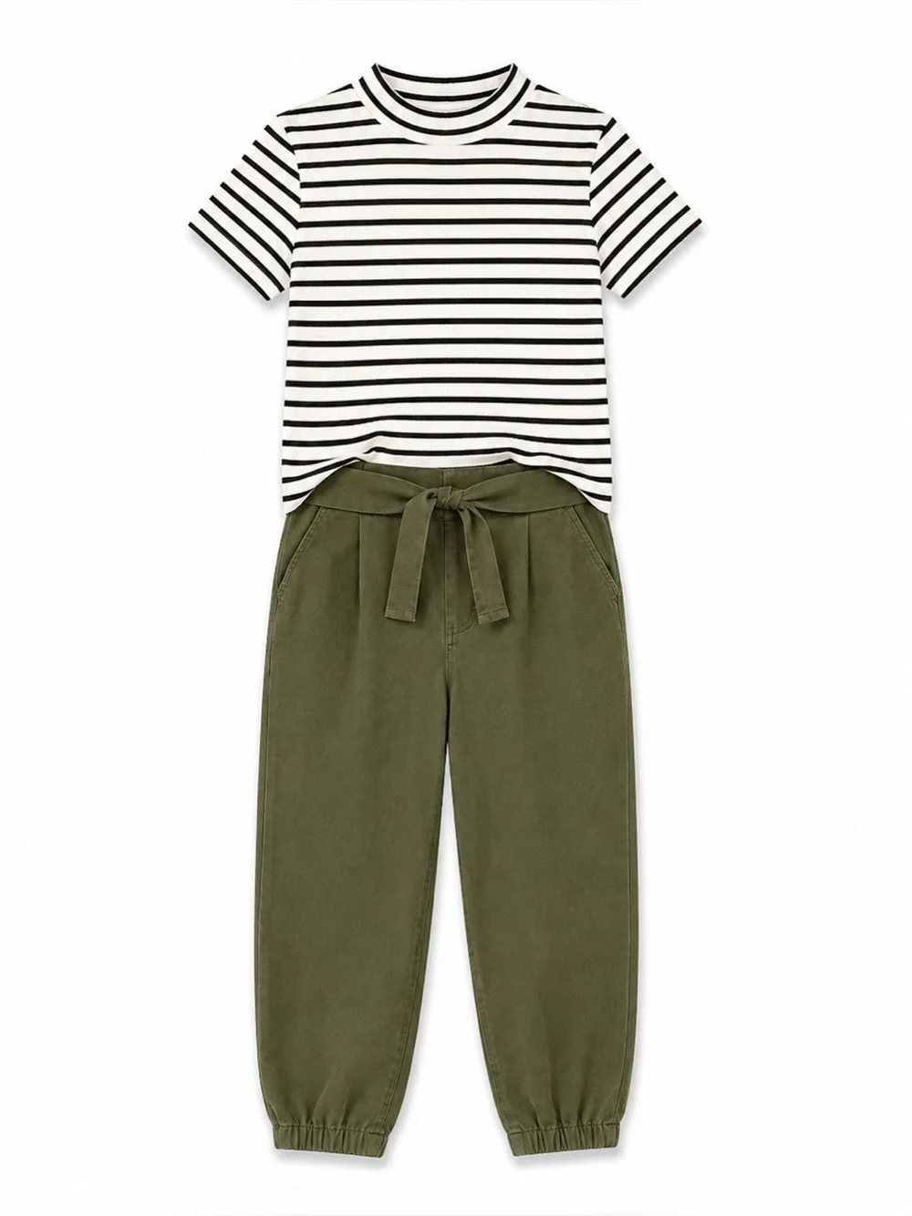 Crazy 8 White & Olive Green Mockneck Top & Paperbag Pants Outfit Girls Size 7/8